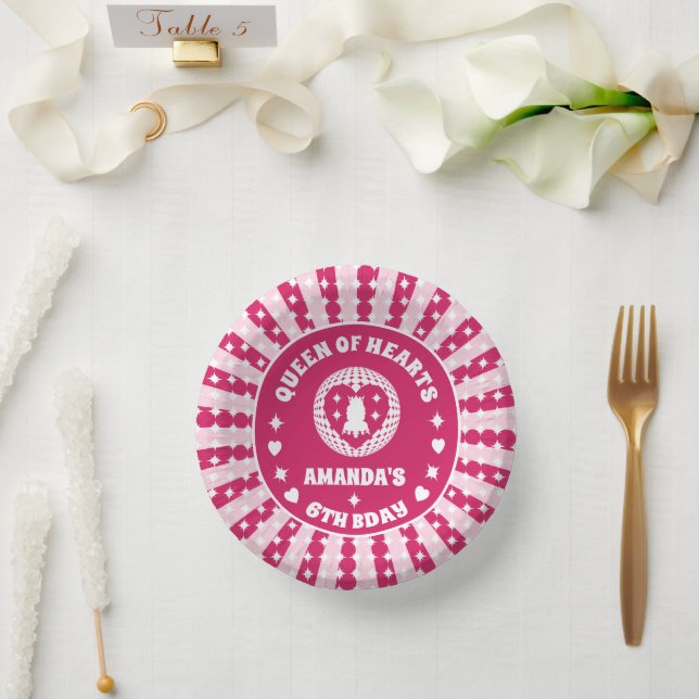 Retro Magenta Queen Of Hearts Birthday Paper Plate (Wedding)