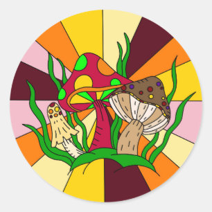 Retro Magic Mushrooms Hand drawn Art  Classic Round Sticker