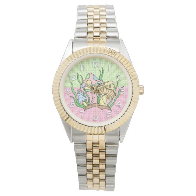 Retro Magic Mushrooms Pink and  Yellow Watch (Front)
