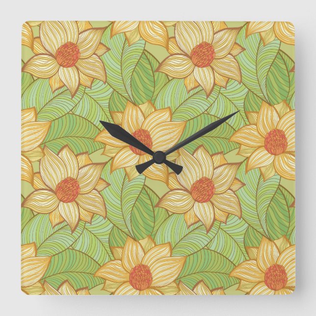 Retro Magnolia Pattern Square Wall Clock (Front)