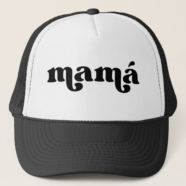Retro Mamá Black and White Spanish Trucker Hat (Front)
