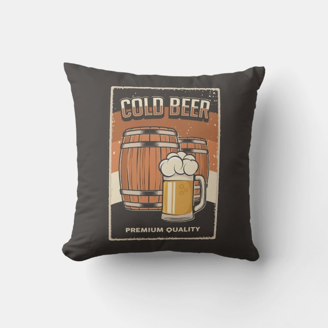 Retro Man Cave Classic Barrels-Cold Beer Throw Pillow (Front)
