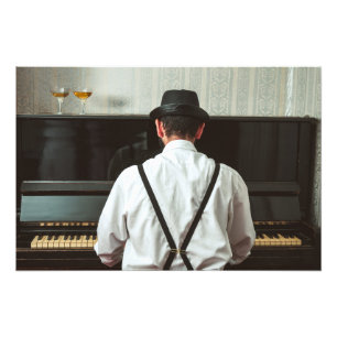 Retro man playing piano and smoking photo print