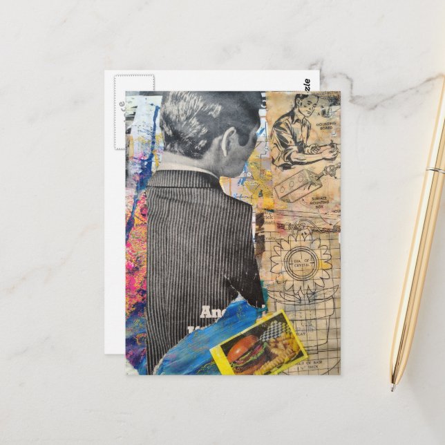 Retro man working cheeseburger Mixed media collage Postcard (Front/Back In Situ)