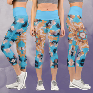 Retro Mandala Blue and Orange Capri Leggings