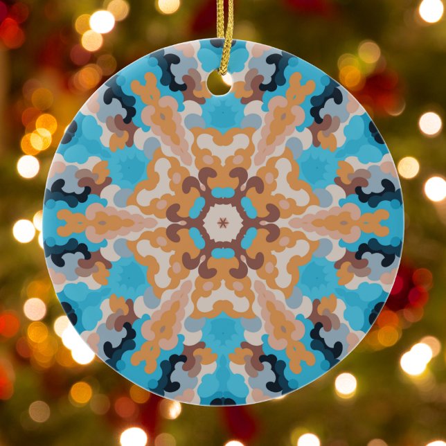 Retro Mandala Blue and Orange Ceramic Ornament (Blue and Orange Retro Mandala Ornament by Wormhole Orbital)