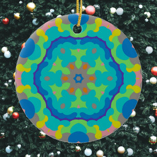 Retro Mandala Blue Green and Pink Ceramic Ornament