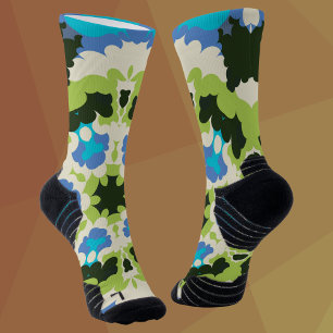 Retro Mandala Blue Green White and Black Socks