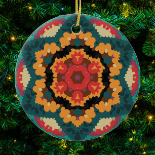 Retro Mandala Blue Orange and Red Ceramic Ornament