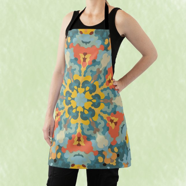 Retro Mandala Blue Orange and Yellow Apron (Creator Uploaded)