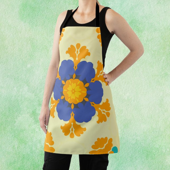 Retro Mandala Blue Orange and Yellow Apron (Creator Uploaded)