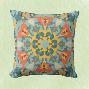 Retro Mandala Blue Orange and Yellow Throw Pillow