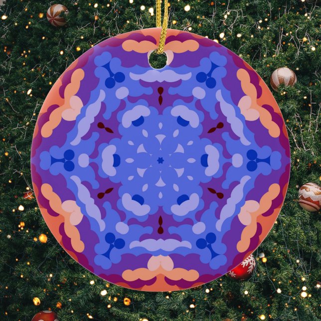 Retro Mandala Blue Purple and Red Ceramic Ornament (Blue Purple and Red Retro Mandala Ornament by Wormhole Orbital)