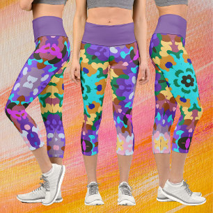 Retro Mandala Blue Purple and Yellow Capri Leggings