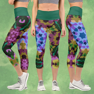 Retro Mandala Blue Purple and Yellow Capri Leggings