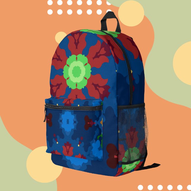 Retro Mandala Blue Red and Green Printed Backpack (Creator Uploaded)