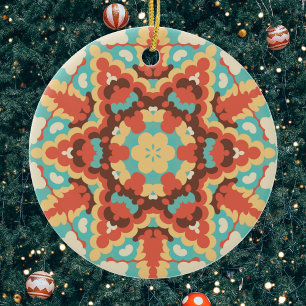 Retro Mandala Blue Red and Yellow Ceramic Ornament