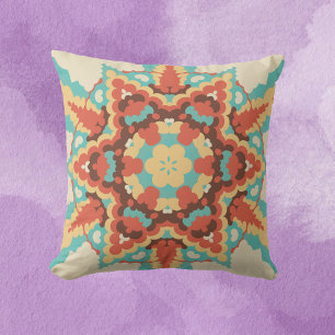 Retro Mandala Blue Red and Yellow Throw Pillow