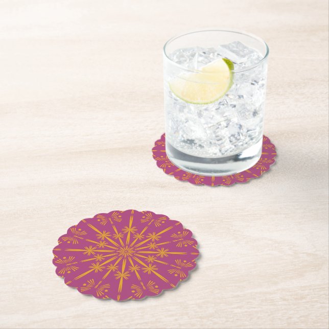Retro Mandala Boysenberry Paper Coasters (Insitu)