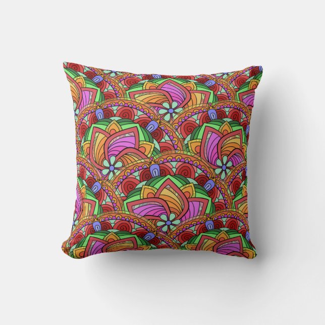 Retro Mandala Design, Neon Rainbows Throw Pillow (Front)