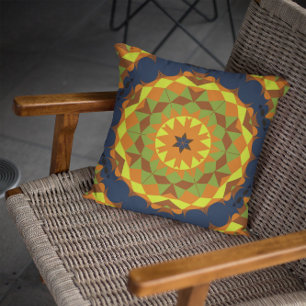 Retro Mandala Flower Blue Orange and Yellow Throw Pillow
