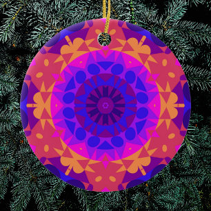 Retro Mandala Flower Blue Pink and Orange Ceramic Ornament