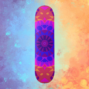 Retro Mandala Flower Blue Pink and Orange Skateboard