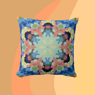 Retro Mandala Flower Blue Pink and Yellow Throw Pillow