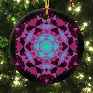Retro Mandala Flower Blue Purple and Black Ceramic Ornament