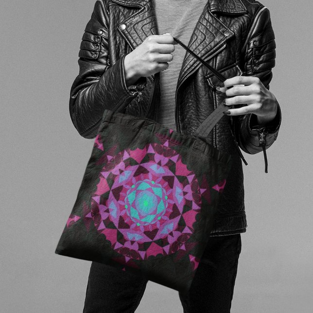 Retro Mandala Flower Blue Purple and Black Tote Bag (Creator Uploaded)