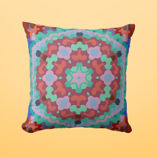 Retro Mandala Flower Blue Red and Teal Throw Pillow