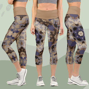 Retro Mandala Flower Blue Tan and Brown Capri Leggings