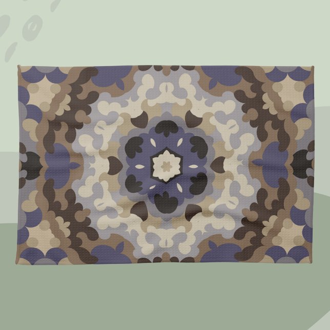 Retro Mandala Flower Blue Tan and Brown Kitchen Towel (Creator Uploaded)