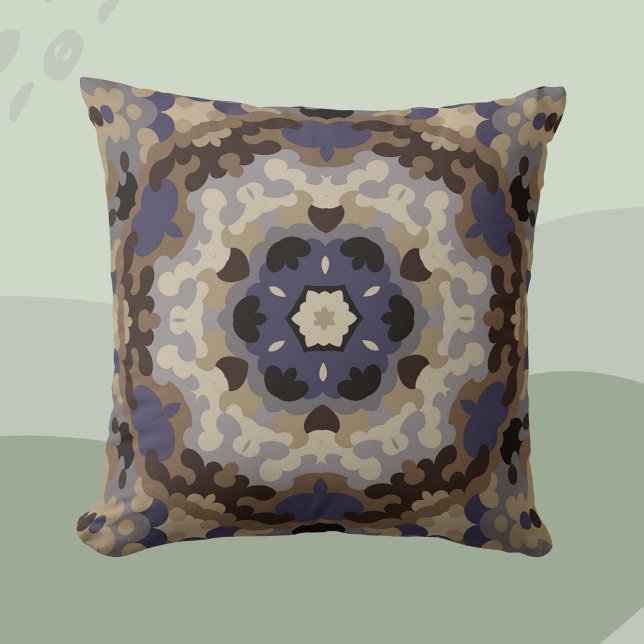 Retro Mandala Flower Blue Tan and Brown Throw Pillow (Creator Uploaded)