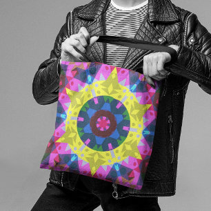 Retro Mandala Flower Blue Yellow and Pink Tote Bag