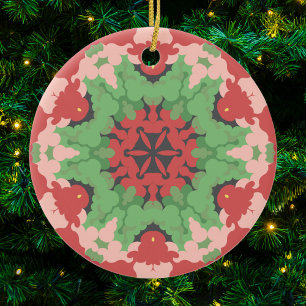 Retro Mandala Flower Green and Red Ceramic Ornament