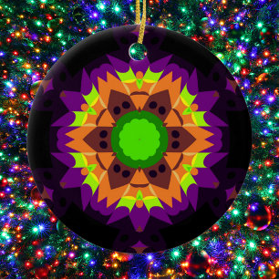 Retro Mandala Flower Green Orange and Purple Ceramic Ornament
