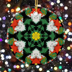 Retro Mandala Flower Green Orange and Yellow Ceramic Ornament