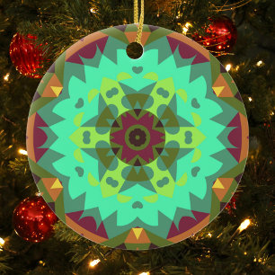 Retro Mandala Flower Green Purple and Orange Ceramic Ornament