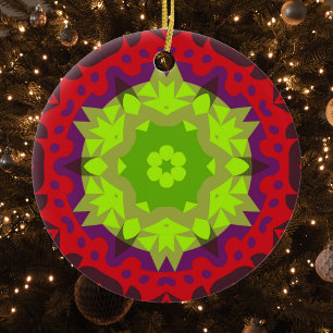 Retro Mandala Flower Green Red and Purple Ceramic Ornament