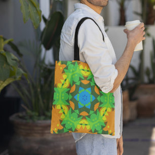 Retro Mandala Flower Green Yellow and Blue Tote Bag