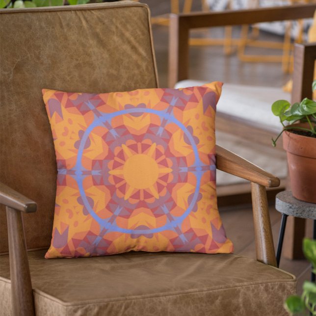 Retro Mandala Flower Orange and Blue Throw Pillow (Creator Uploaded)