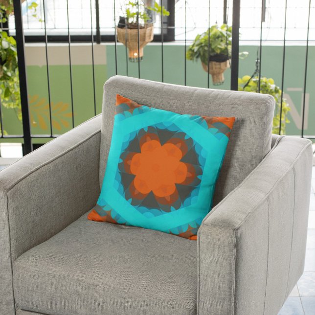 Retro Mandala Flower Orange and Blue Throw Pillow (Creator Uploaded)