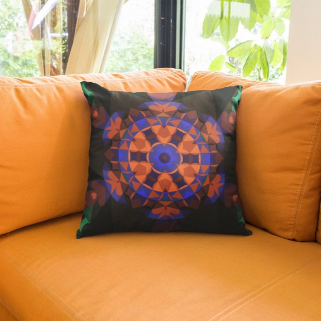 Retro Mandala Flower Orange and Blue Throw Pillow (Creator Uploaded)