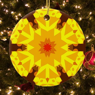 Retro Mandala Flower Orange and Yellow Ceramic Ornament