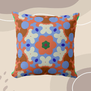 Retro Mandala Flower Orange Blue and Yellow Throw Pillow