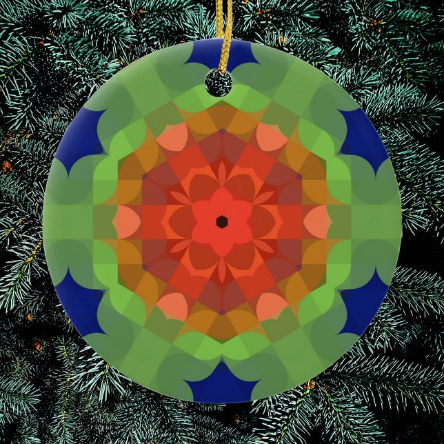 Retro Mandala Flower Orange Green and Blue Ceramic Ornament (Creator Uploaded)