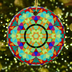Retro Mandala Flower Orange Red and Blue Ceramic Ornament