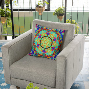 Retro Mandala Flower Orange Red and Blue Throw Pillow