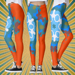 Retro Mandala Flower Orange White and Blue Leggings